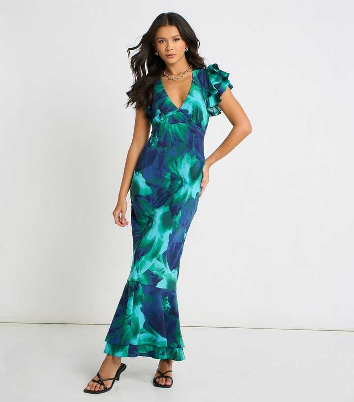 green emerald velvet dress Woven Floral Print Tiered Maxi Dress Green