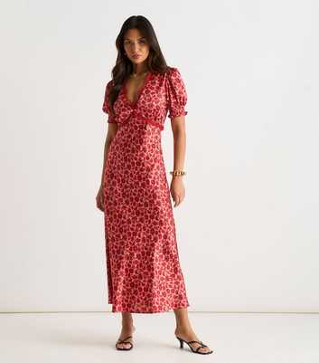 Gini London Red Floral Lace Trim Midi Dress