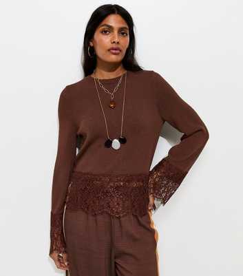 Dark Brown Scalloped Lace Hem Jumper