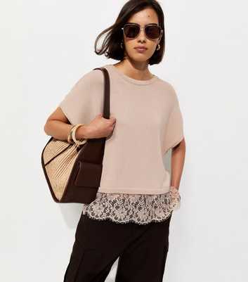 Pink Knit Lace Hem Batwing Top