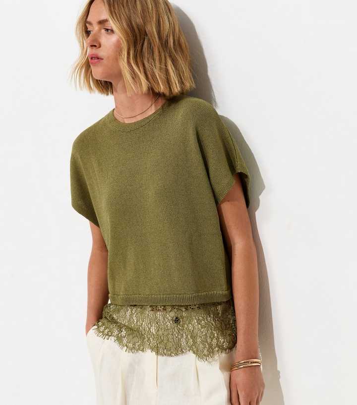 Light Khaki Knit Lace Hem Batwing Top