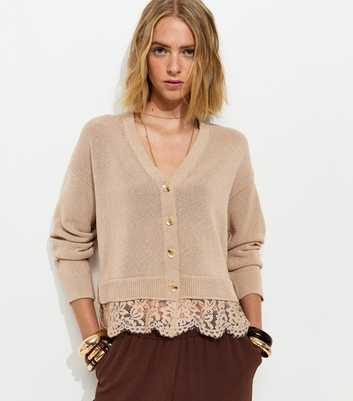 Stone Lace Trim V-Neck Cardigan