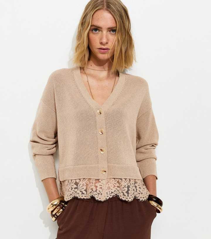Stone Lace Trim V-Neck Cardigan