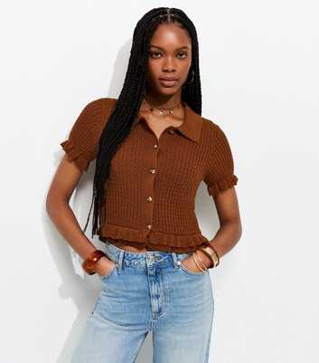 Dark Brown Knitted Frill Trim Collared Top