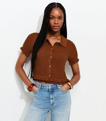 Dark Brown Knitted Frill Trim Collared Top | New Look