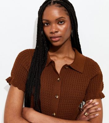 Dark Brown Knitted Frill Trim Collared Top | New Look
