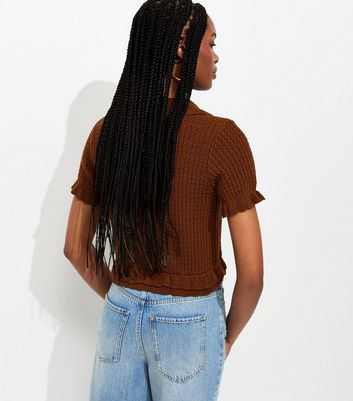 Dark Brown Knitted Frill Trim Collared Top | New Look