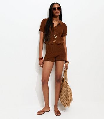 Dark Brown Knitted Frill Trim Collared Top | New Look