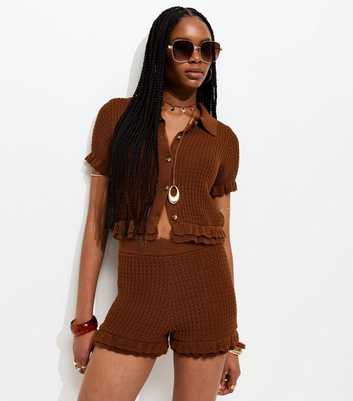 Brown Frilly Trim Knitted Shorts