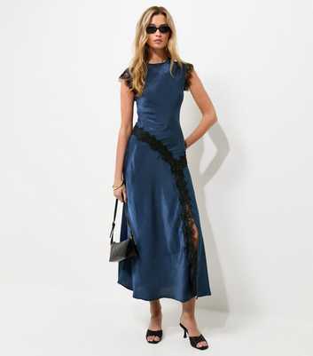 Tall Navy Satin Lace Trim Bias Cut Midi Dress
