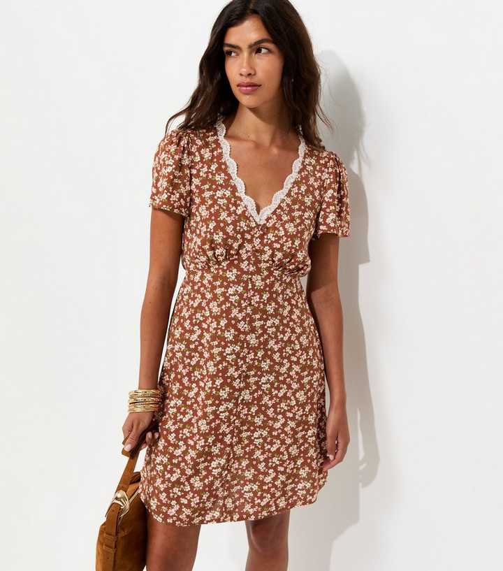 Orange Woven Ditsy Print Lace Trim Mini Tea Dress