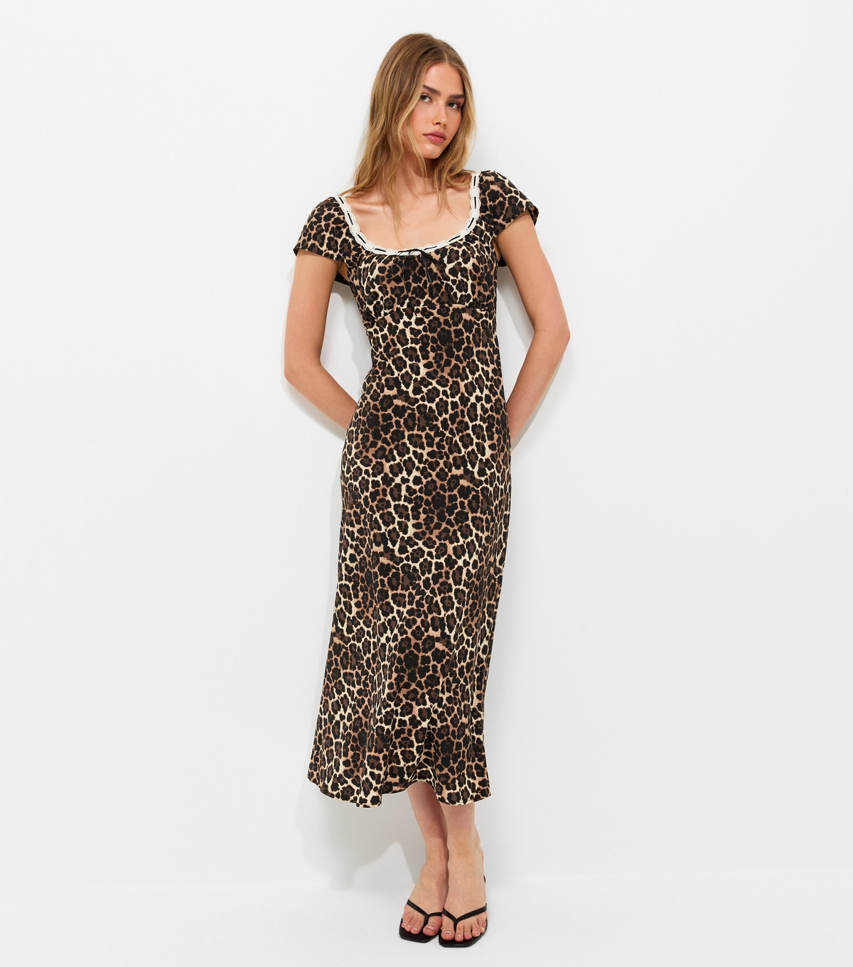 Women's Brown Leopard Print Flutter Sleeve Midi Dress New Look