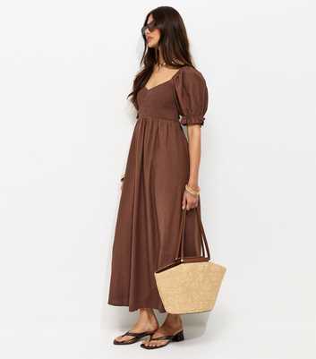 Brown Shirred Bodice Puff Sleeve Midi Dress