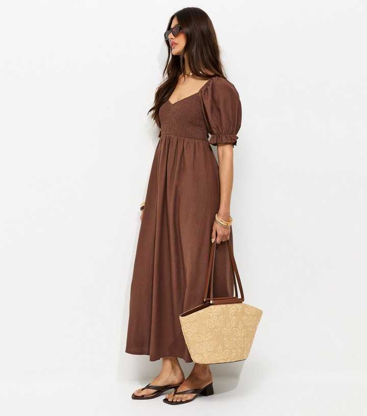 Brown Shirred Bodice Puff Sleeve Midi Dress