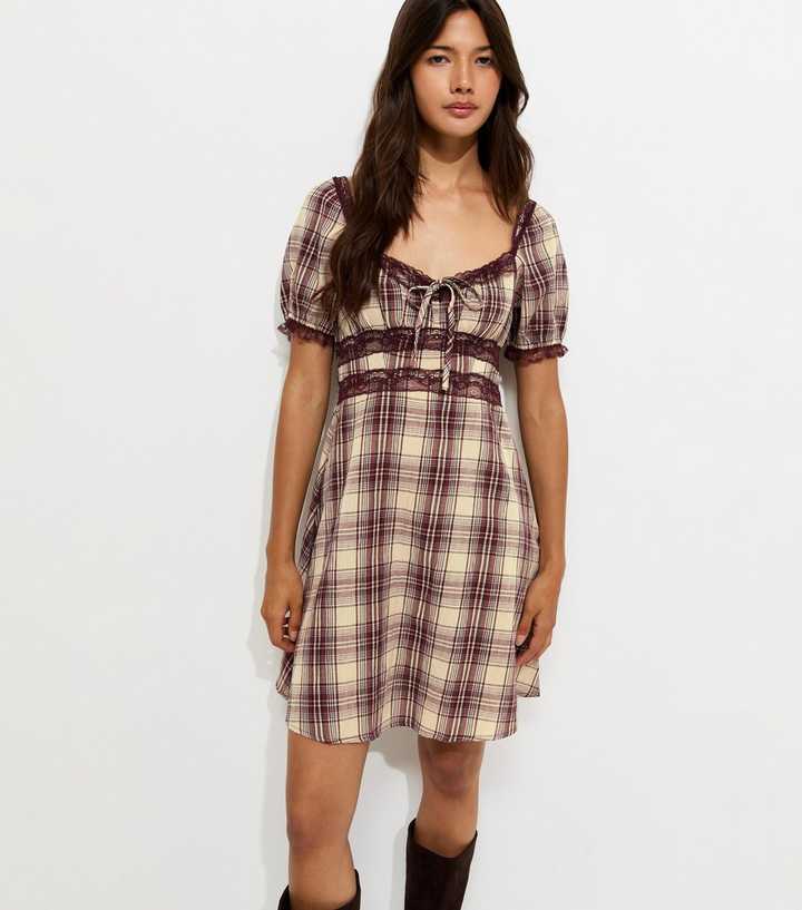 Brown Check Lace Trim Milkmaid Mini Dress