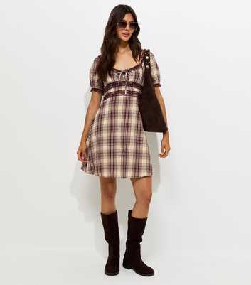 Brown Check Lace Trim Milkmaid Mini Dress