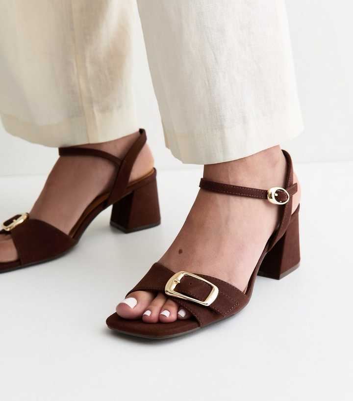 Dark Brown Faux Suede Front Buckle Block Heel Sandals