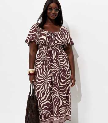 Curves Brown Printed Flutter Sleeve Milkmaid Midi Dress