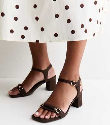 Dark Brown Faux Suede Horsebit Detail Block Heel Sandals