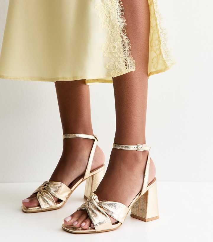 Gold Faux Leather Twisted Strap Block Heel Sandals