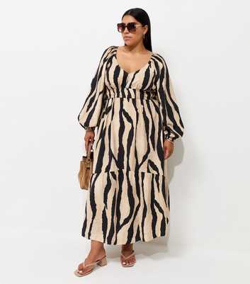 Curves Brown Abstract Print Smock Dress