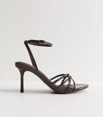 Dark Brown Faux Leather Knot Strappy Stiletto Sandals