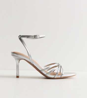 Silver Faux Leather Knot Strappy Stiletto Sandals