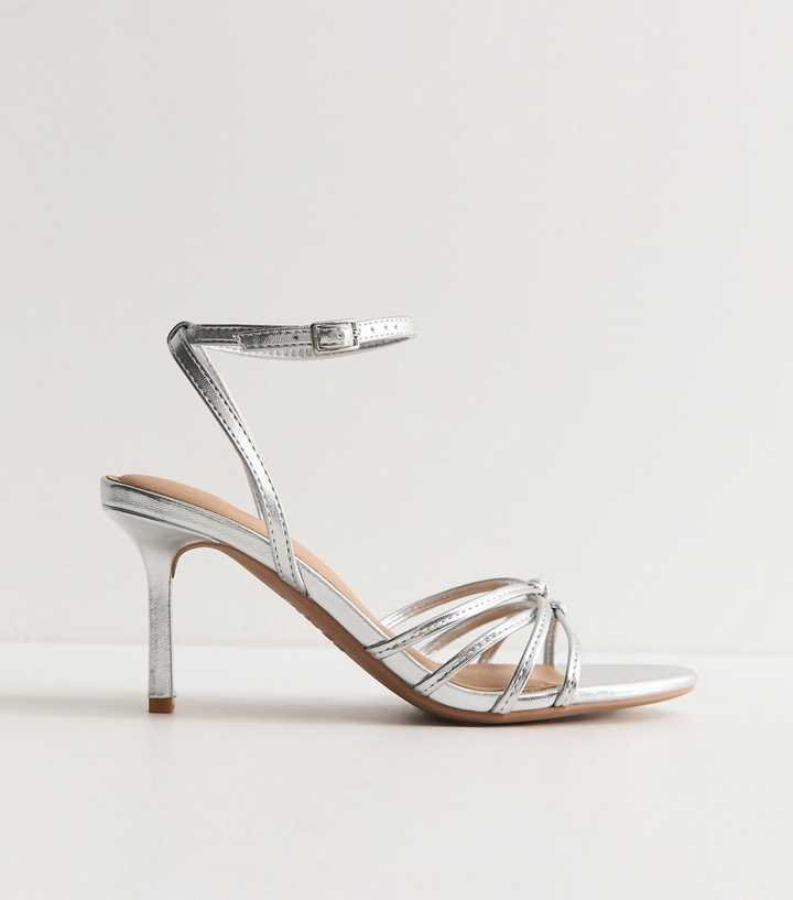 Silver Faux Leather Knot Strappy Stiletto Sandals