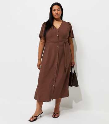 Curves Dark Brown Button Through Puff Sleeve Midi Dress