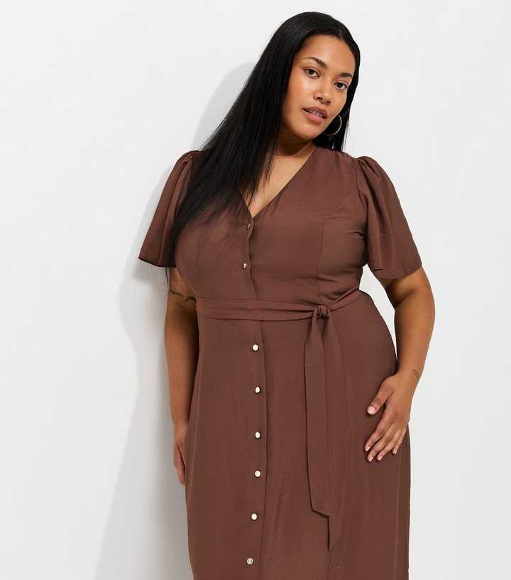 Curves Dark Brown Button Through Puff Sleeve Midi Dress