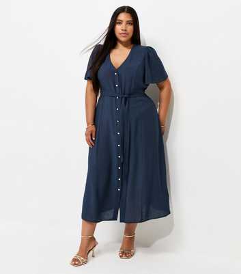 Curves Navy Button Through Puff Sleeve Midi Dress