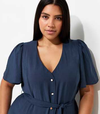 Curves Navy Button Through Puff Sleeve Midi Dress