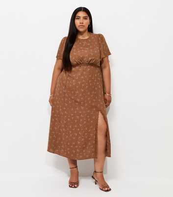 Curves Brown Floral Lace Midi Dress