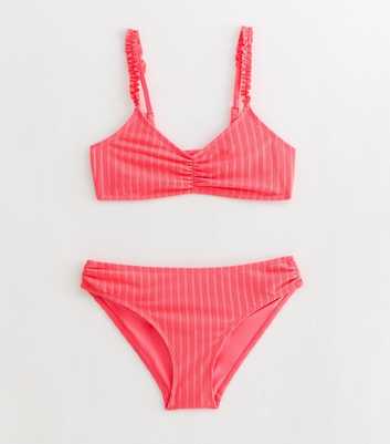 Girls Dark Coral Ruffle Strap Triangle Bikini Top and Bottoms Set
