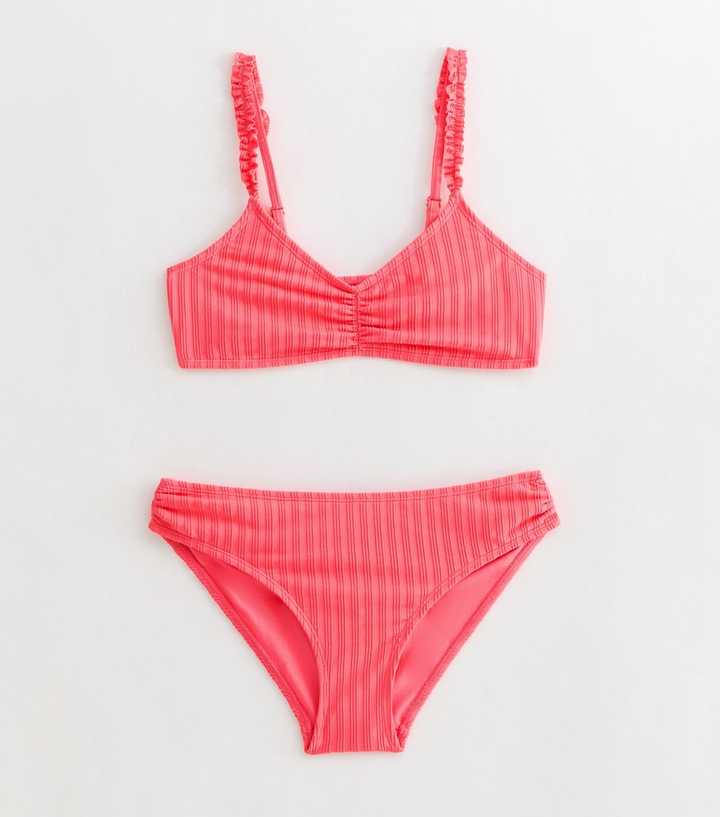 Girls Dark Coral Ruffle Strap Triangle Bikini Top and Bottoms Set