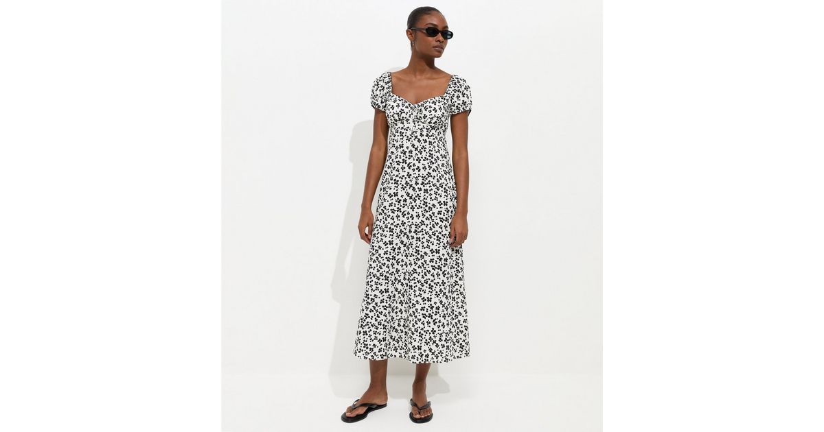 Cream Woven Floral Print Milkmaid Midi Dress
