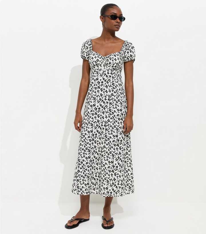 Cream Woven Floral Print Milkmaid Midi Dress