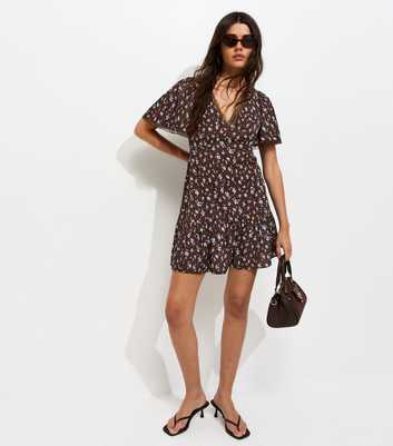 Dark Brown Ditsy Floral Lace Trim Mini Tea Dress