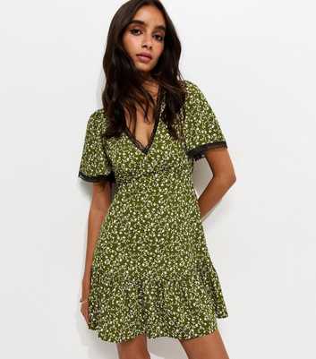 Green Ditsy Floral Lace Trim Mini Tea Dress