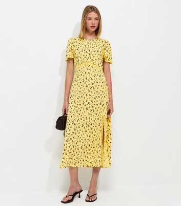 Yellow Ditsy Print Lace Trim Midi Dress
