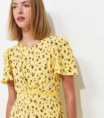 Yellow Ditsy Print Lace Trim Midi Dress