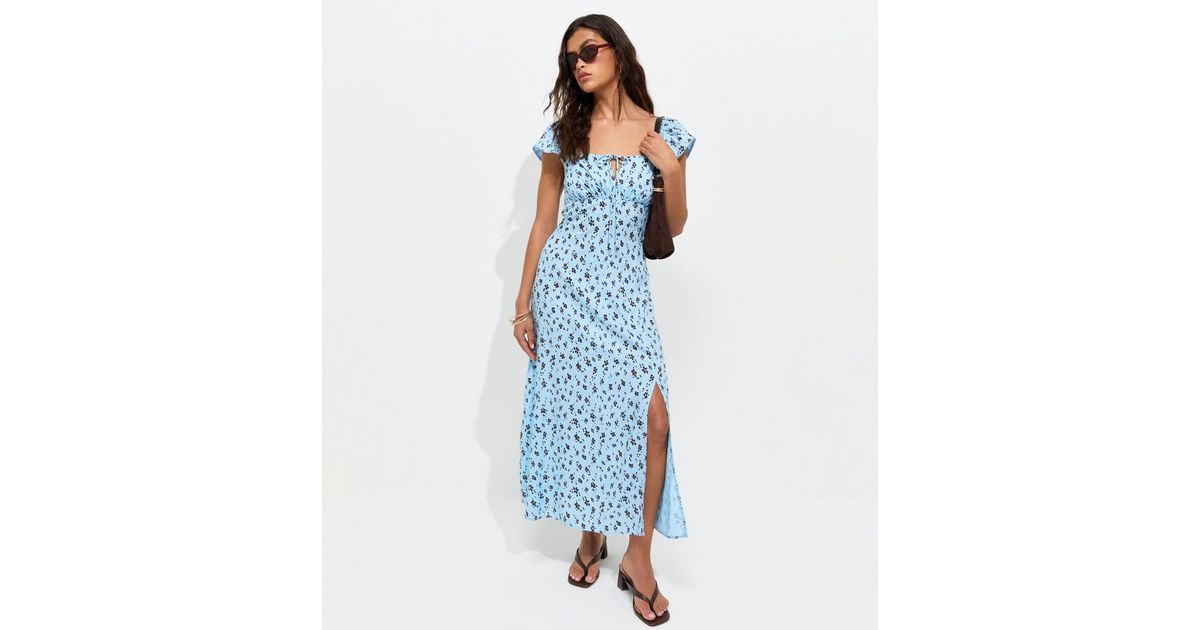 Blue Ditsy Print Lace Trim Square Neck Midi Dress