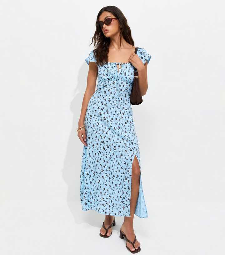 Blue Ditsy Print Lace Trim Square Neck Midi Dress