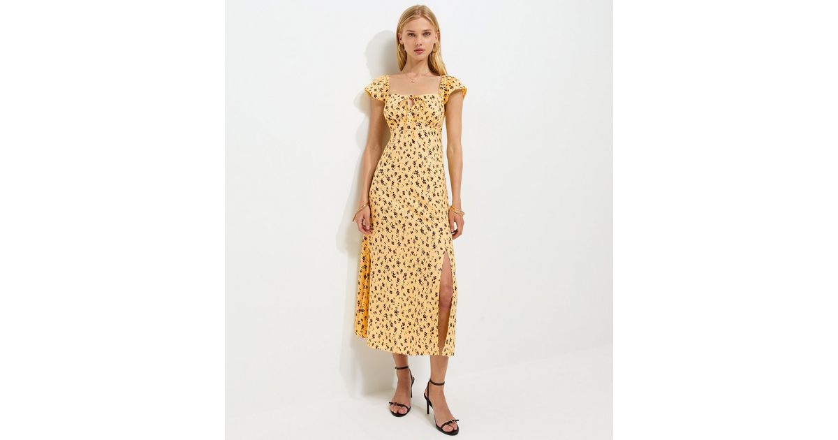 Yellow Ditsy Print Lace Trim Square Neck Midi Dress