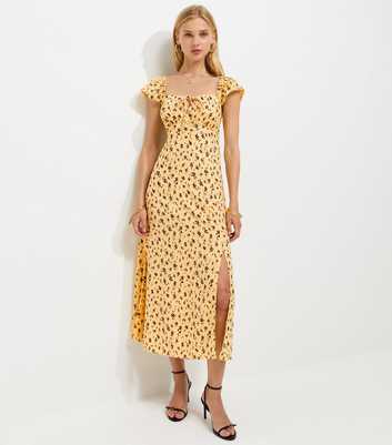 Yellow Ditsy Print Lace Trim Square Neck Midi Dress