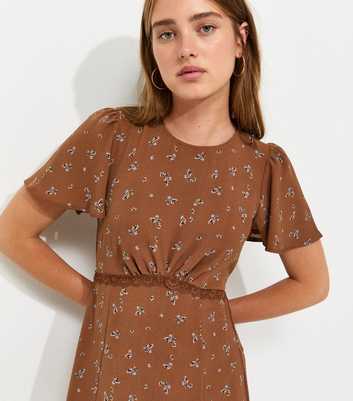 Brown Floral Print Lace Trim Flared Sleeve Midi Dress