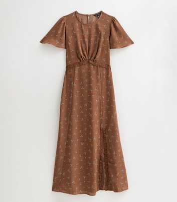 Brown Floral Print Lace Trim Flared Sleeve Midi Dress