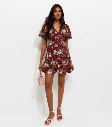 Red Floral Lace Trim Mini Tea Dress