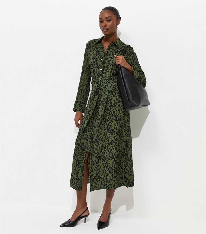 Green Abstract Print Long Sleeve Shirt Dress