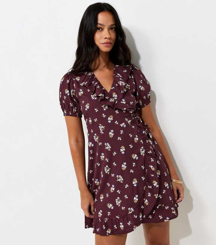 Brown Floral Short Sleeve Wrap Mini Dress